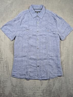 RW & CO Womens 100% Linen Short Sleeve Button Front Shirt Size Medium Light Blue